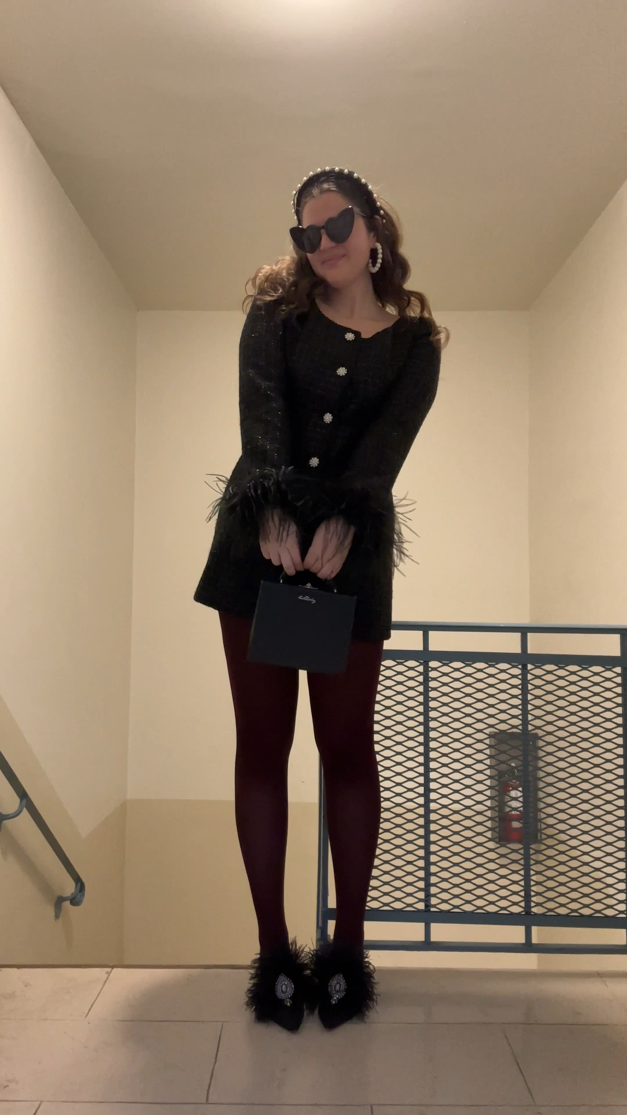 Heiress Beverly Hills Black Tweed Long Sleeve Fur Cuff Mini Dress, cocktail dress, fall / winter, feathers, little black dress, maroon / red Pure Matte 50 Semisheer Tights, amazon, black box bag / purse, lele Sadoughi Pearl hoop earrings, Jennifer behr black velvet Pearl headband, heart shaped sunglasses, black Vintage Cat Eye Mod Style Retro Glasses, black feather heels

#LTKfindsunder50 #LTKfindsunder100 #LTKstyletip