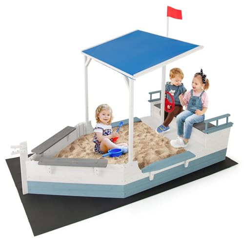 Costzon Pirate Ship Sandbox with Canopy, Fir Wood Boat Sand Box w/Flag, Rudder, Bench Seats and Storage Compartments for Backyard Beach, Outdoor Sand Pit for Kids 3-8 Years Old | Amazon (US)