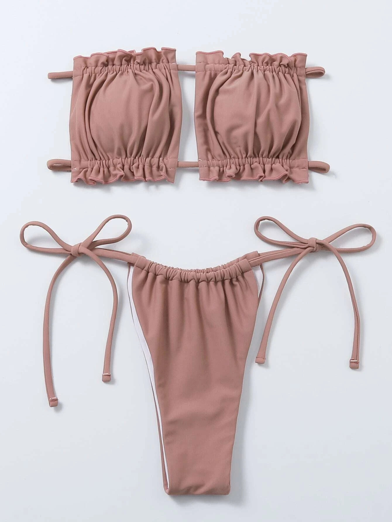 Ruched Frill Bandeau Tie Side Bikini Swimsuit | SHEIN