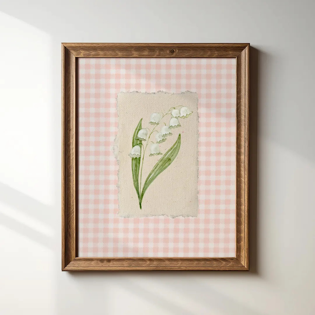 Pink Gingham Lily of the Valley, Digital Print, Wall Art, Trendy Decor, Abstract Vintage Painting... | Etsy (US)