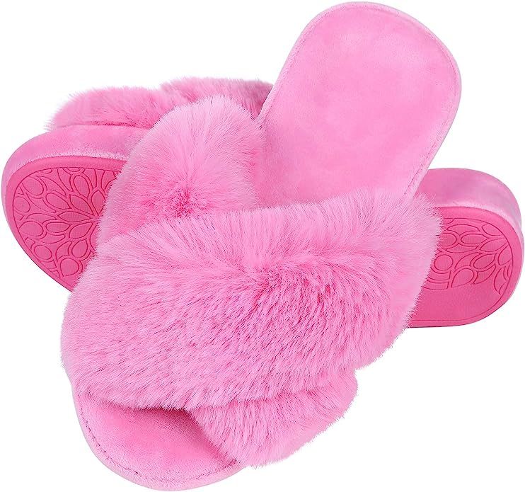 Fuzzy Cross Band House Slippers Women's Faux Fur Open Toe Indoor Home Shoes | Amazon (US)