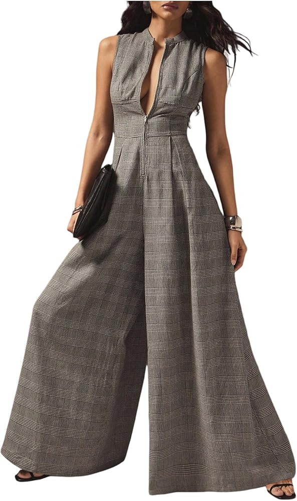 SOLY HUX Women's Zipper Front Wide Leg Jumpsuit Summer Mock Neck Sleeveless Elegant Romper | Amazon (US)
