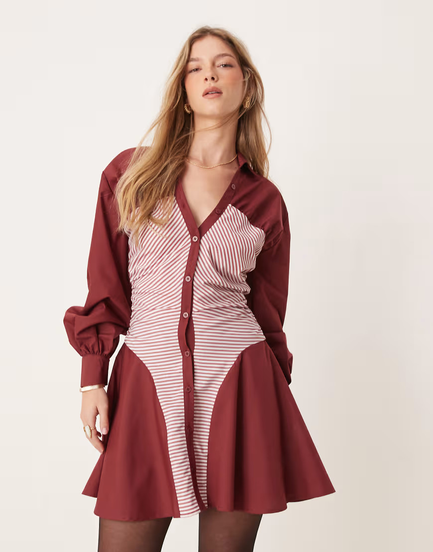 ASOS DESIGN ruched panel mini shirt dress in burgundy stripe mix-Red | ASOS (Global)