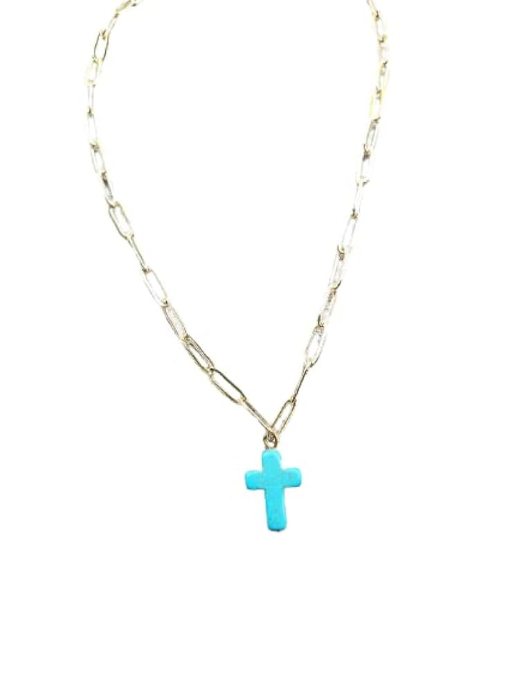 Turquoise Cross Necklace Gold Paperclip Chain Jewelry Faith Gift For Her Dainty | Amazon (US)