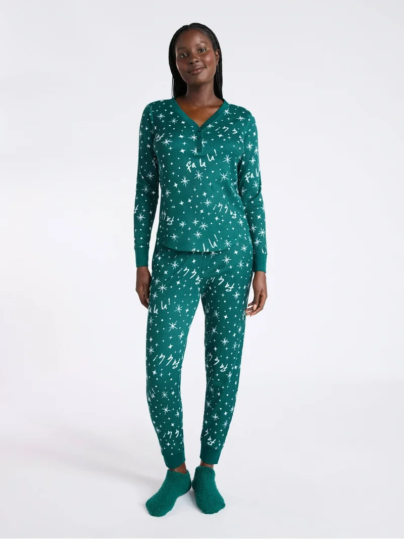 Joyspun Women's Waffle Knit Henley Sleep Top, Joggers and Socks Pajama Set, 3-Piece, Sizes XS-3X | Walmart (US)