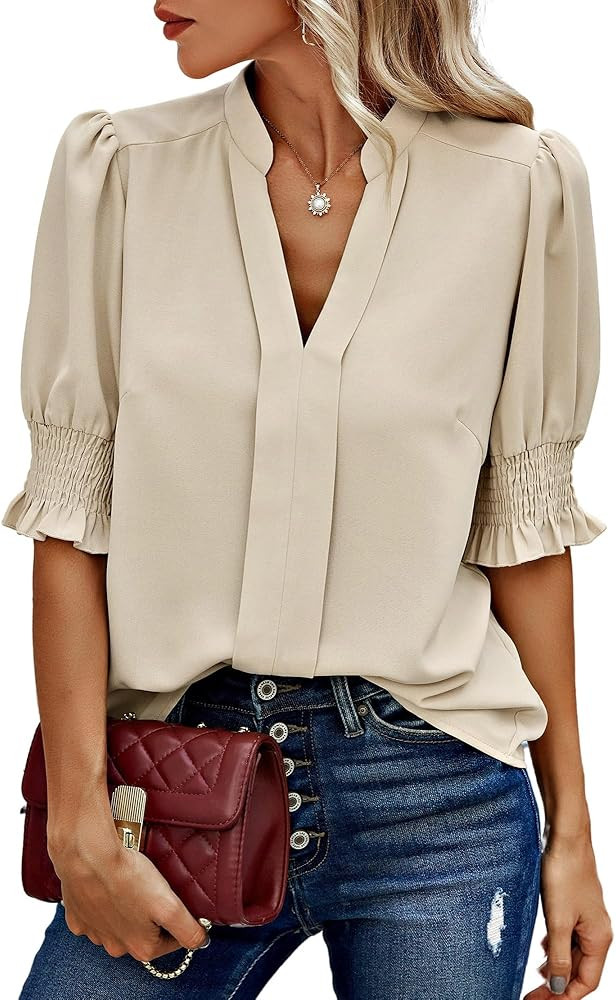 Angashion Women Tops Short Sleeve - Summer Casual V Neck Solid Color Flowy Trendy Tunic Blouses S... | Amazon (US)