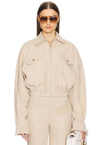 Suede Bomber Jacket in Sandy Beige | Revolve Clothing (Global)