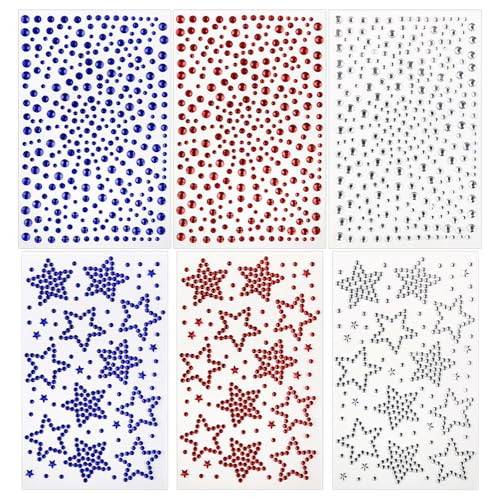 Face Gems 6 Sheets Hair Gems, Self Adhesive Face Jewels Stickers, Red White and Blue Star Festival Face Gems Stick on, 4th of July Rhinestone for Face, Eye, Makeup, Rave Accessories for Kids, Women | Amazon (US)