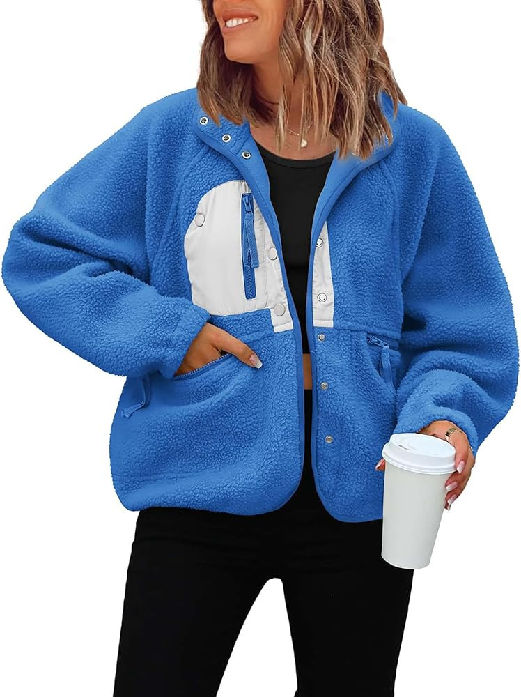 ReachMe Womens Sherpa Jacket Casual Lapel Button Down Cropped Fuzzy Fleece Jackets Long Sleeve Wi... | Amazon (US)