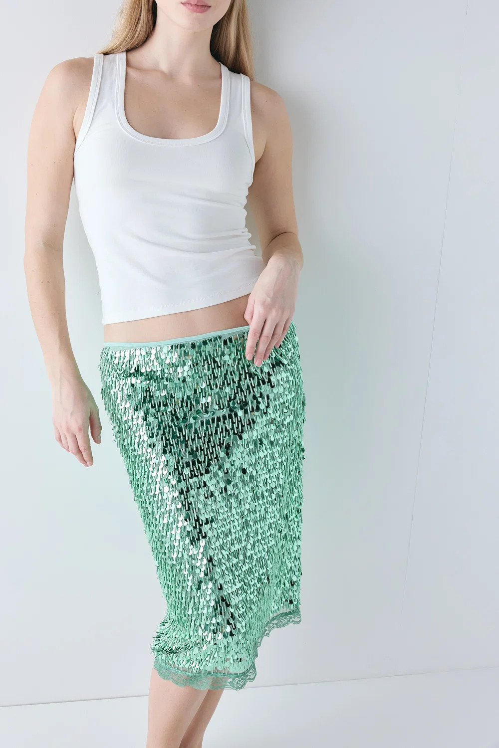Clementine Sequin Midi Skirt Green | VRG Grl