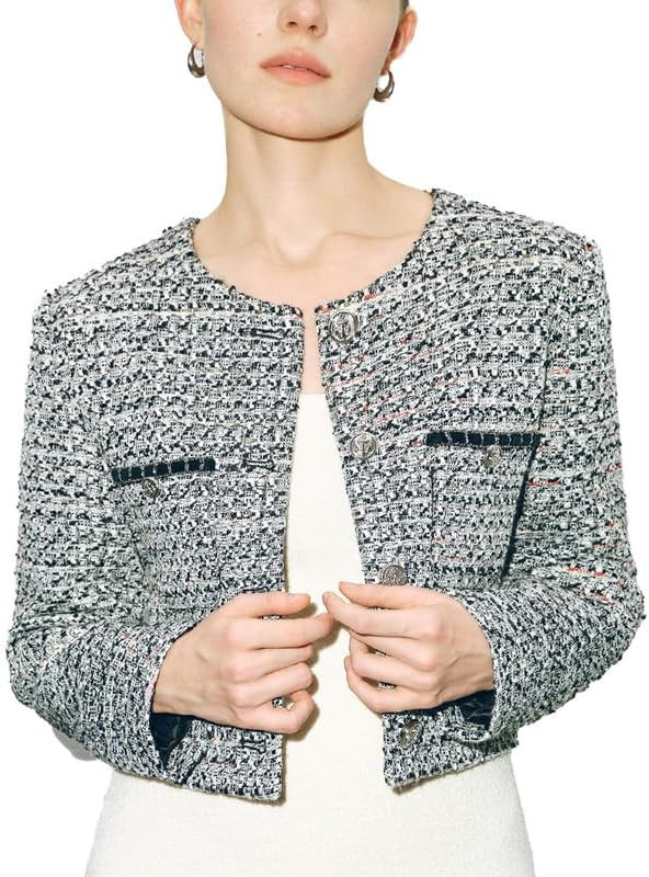 URBAN REVIVO Women's Long Sleeve Cropped Tweed Jacket with Pocket Button Slim Fit Work Office Sho... | Amazon (US)