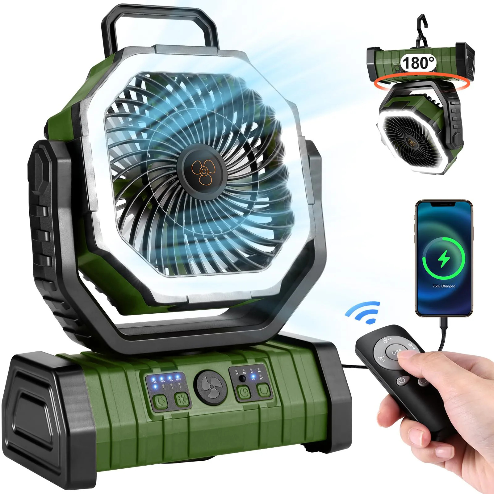 Phyfalip Camping Fan with LED Lantern Portable Tent Fan with Remote Control Oscillating Timer 4 Speeds for Outdoor RV Jobsite Power Outage Green | Lowe's