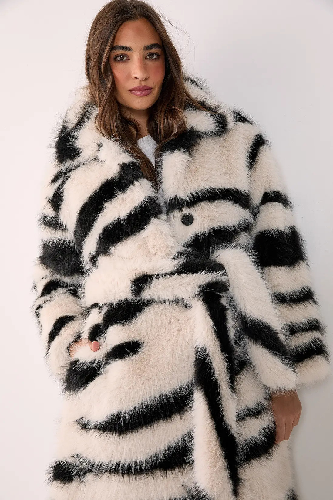 Zebra Print Faux Fur Collared Longline Coat | Nasty Gal US