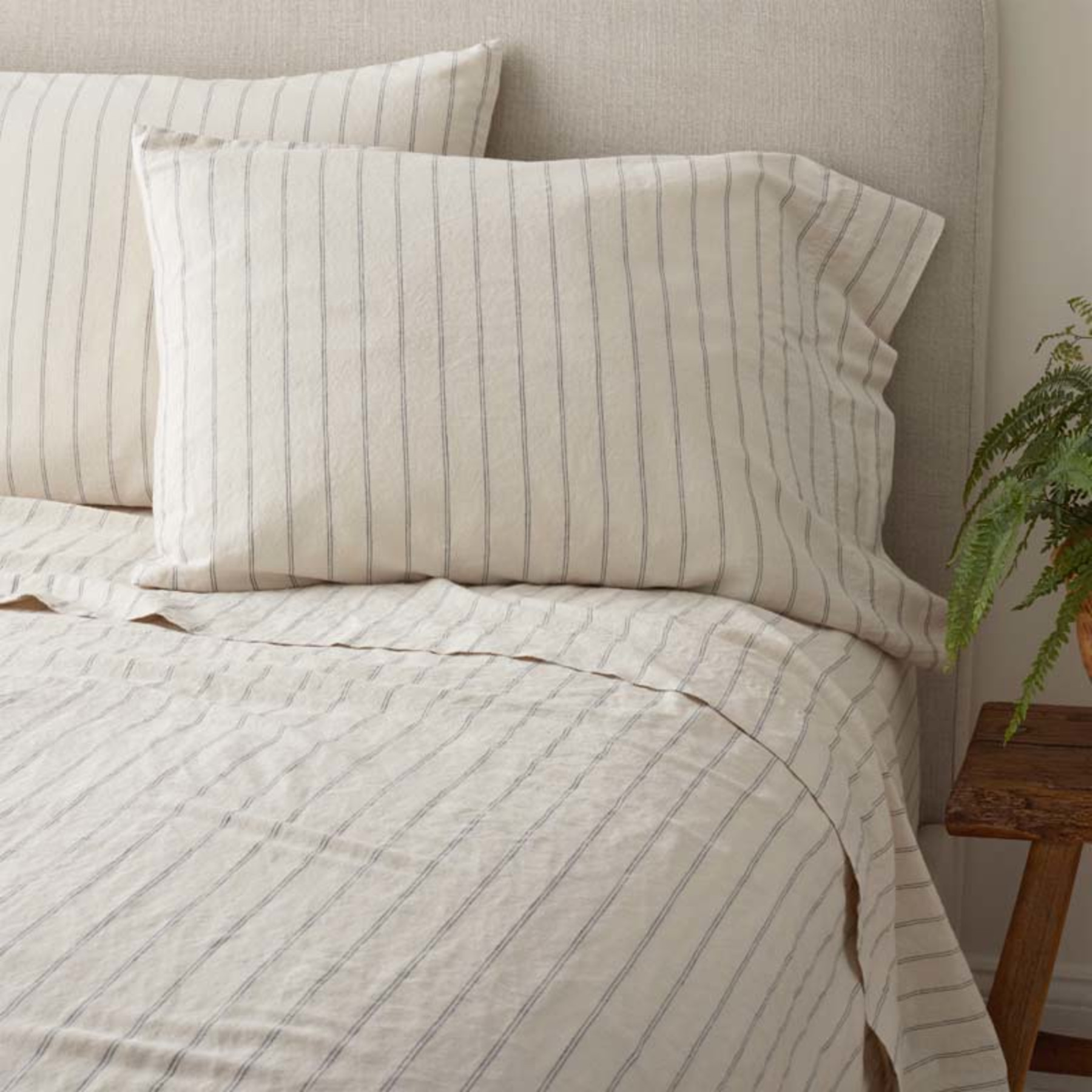 Tailored Stripes and Plaids Premium Breathable Washed Linen Cotton Pillowcase Set - Stripe Deep N... | The Company Store