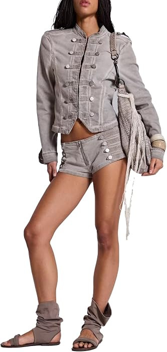 Wuitrie Jackets for Women Cropped Denim Vintage Washed Stand Collar Multi Button Y2K Gothic Stree... | Amazon (US)