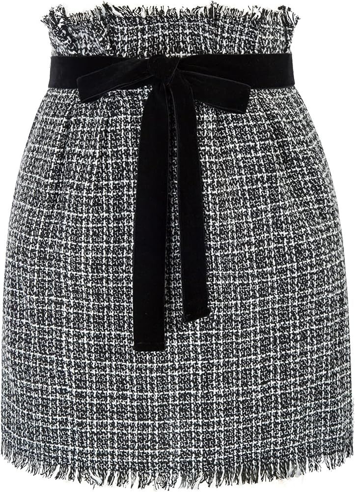 GRACE KARIN Women's Tie Waist Tweed Skirt Plaid Mini Skirt Above Knee Length Tassel Hem with Pockets | Amazon (US)