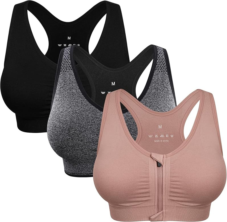 Women's Zip Front Sports Bra Wireless Post-Surgery Bra Active Yoga Sports Bras | Amazon (US)