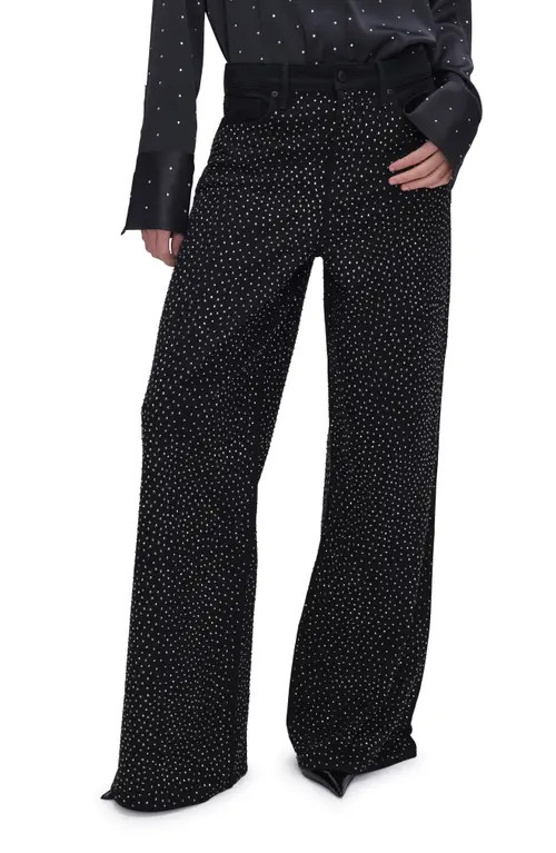 Good American Good Ease Rhinestone Wide Leg Jeans in Black323 at Nordstrom, Size 4 | Nordstrom