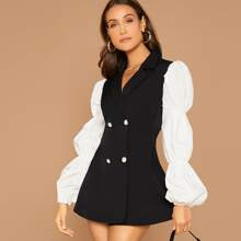 Contrast Lantern Sleeve Double Breasted Blazer Dress | SHEIN
