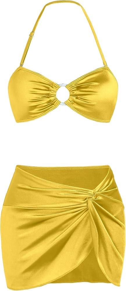 Ruched 3 Piece Swimsuits for Women Ribbed Velvet Bikini Sets with Sarong Coverup Metal Ring Bathi... | Amazon (US)
