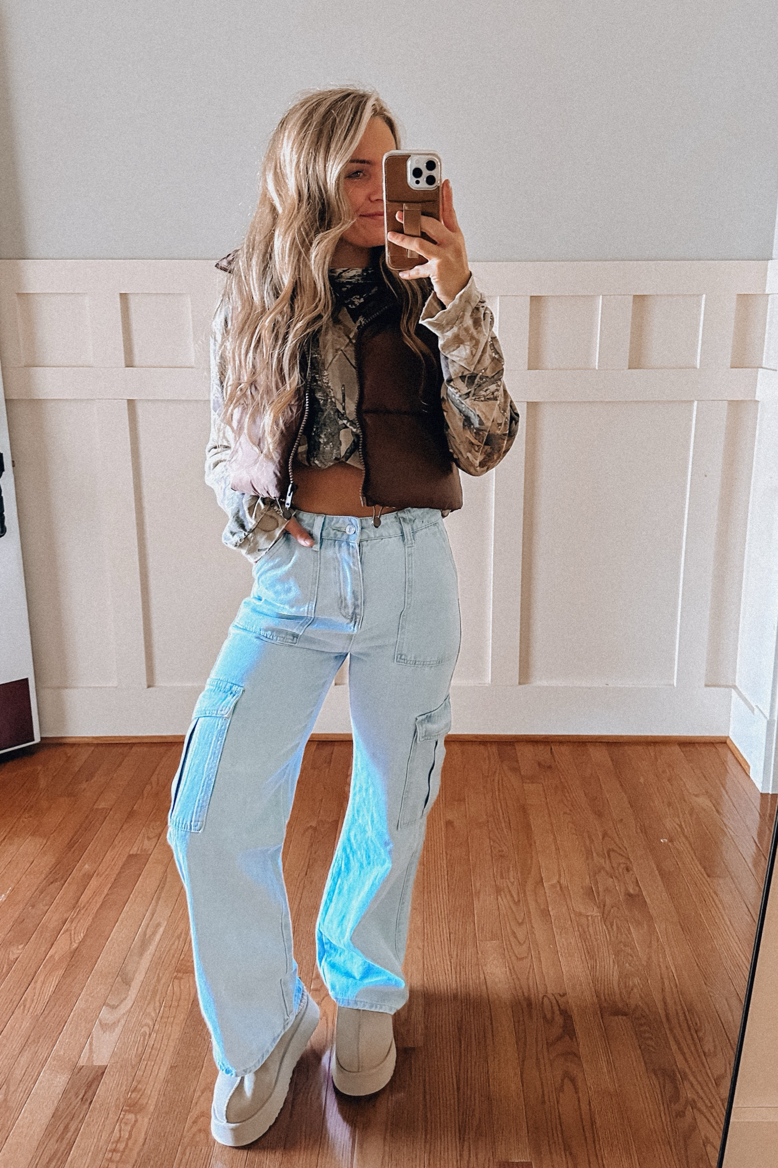 Camouflage shirt cropped vest cargo pants ugg platforms mustard seed Uggs 

#LTKshoecrush #LTKstyletip #LTKSeasonal