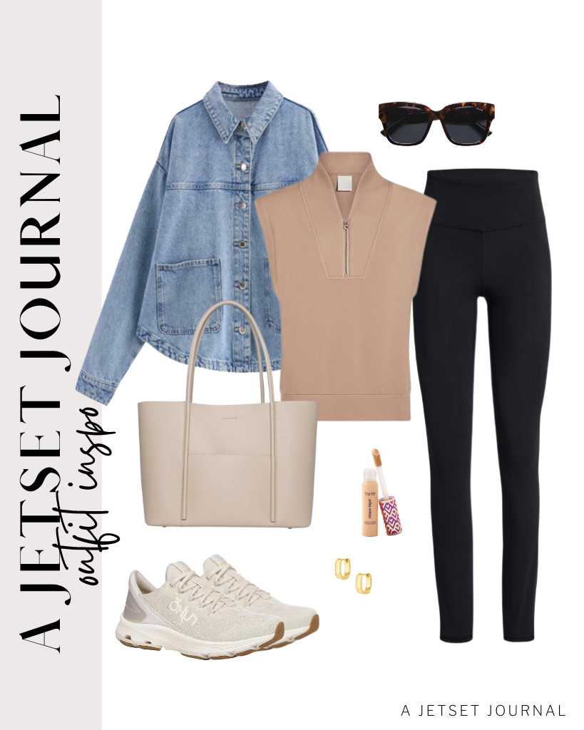 You can try a khaki half-zip sweatshirt as your first piece and comfy leggings for the bottom. Add a denim shirt jacket to top it off and wear these cozy walking shoes. A soft leather tote bag vibes with this fit, too. 

 #LTKSeasonal #LTKTravel