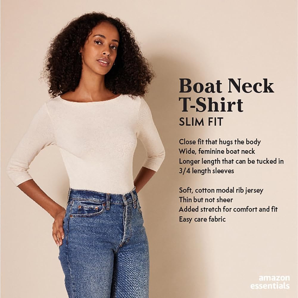 Amazon Essentials Women's Slim-Fit 3/4 Sleeve Boat Neck Cotton Modal Micro Rib T-Shirt | Amazon (US)