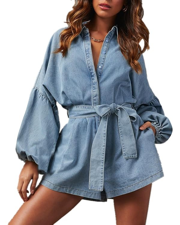 Women's Casual Denim Romper Belted Lantern Sleeve Jean Jumpsuits with Pockets | Amazon (US)