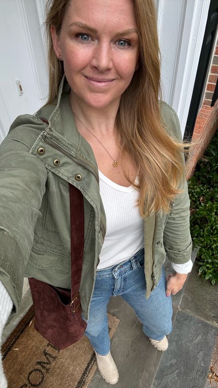 Casual outfit of the day - Sunday, weekend look for running errands 

Green twill field jacket is old but very similar options are available- it’s a classic staple for transitioning from winter to spring

Wearing a v-neck, super soft ribbed long-sleeve & my favorite straight leg jeans. Got my normal size in everything. The jeans have stretch and are a little big so you could size down for a tighter fit!

Dark brown suede crossbody bag is back in stock and in new colors for springg

#LTKMostLoved #LTKSeasonal #LTKfindsunder50