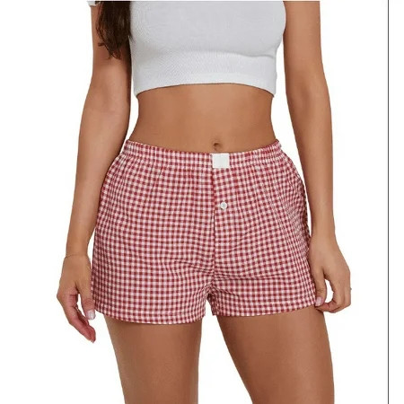 Lyacmy Women s Pajama Shorts Elastic Low Waist Plaid Boxer Shorts for Women Y2K Red Gingham Lounge Shorts Women | Walmart (US)