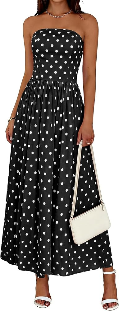 Wenrine Womens Polka Dot Strapless Dress Summer Smocked Tube Top Casual Sleeveless Swing Flowy Ma... | Amazon (US)