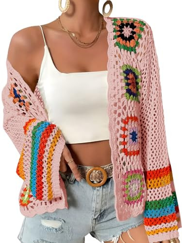 Gihuo Women Bohemian Floral Crochet Cardigan, Hollow Out Long Sleeve Open Front Sweater Cardigan, Multicolor Granny Square (Pink-M) | Amazon (US)