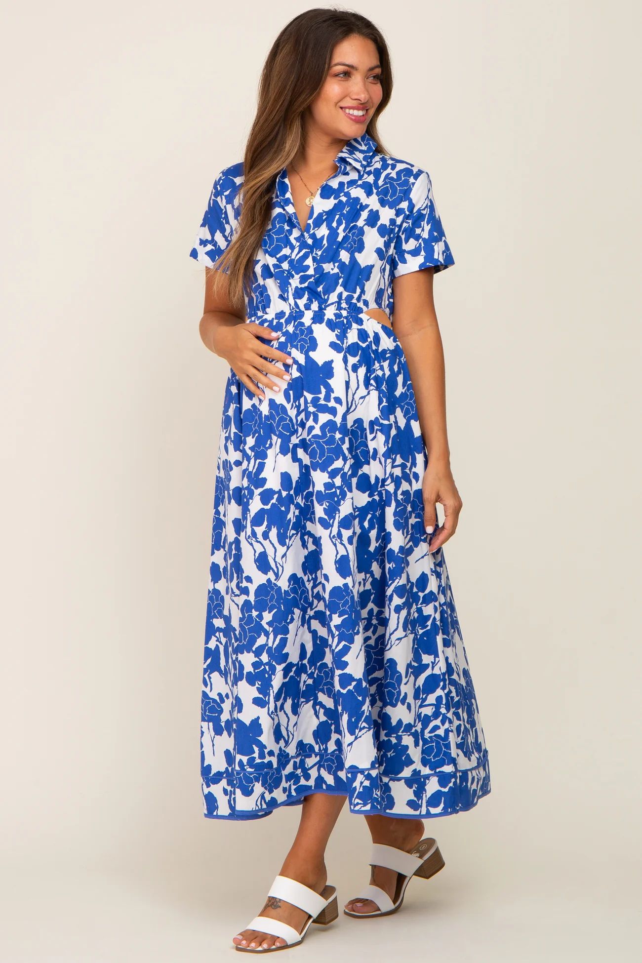 Royal Blue Floral Collared Short Sleeve Side Cutout Maternity Midi Dress | PinkBlush Maternity