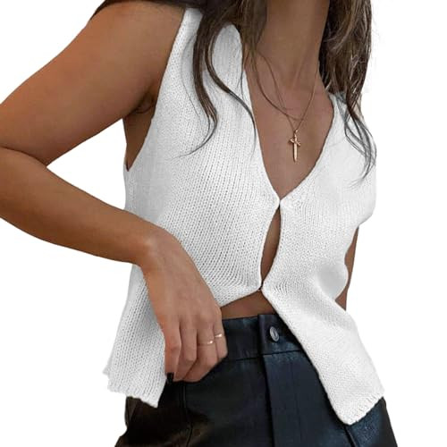 Women's Y2k Knit Vest Top Crochet V-Neck Sleeveless Shirt Summer Going Out Tops Vintage Casual Streetwear (White, L) | Amazon (US)