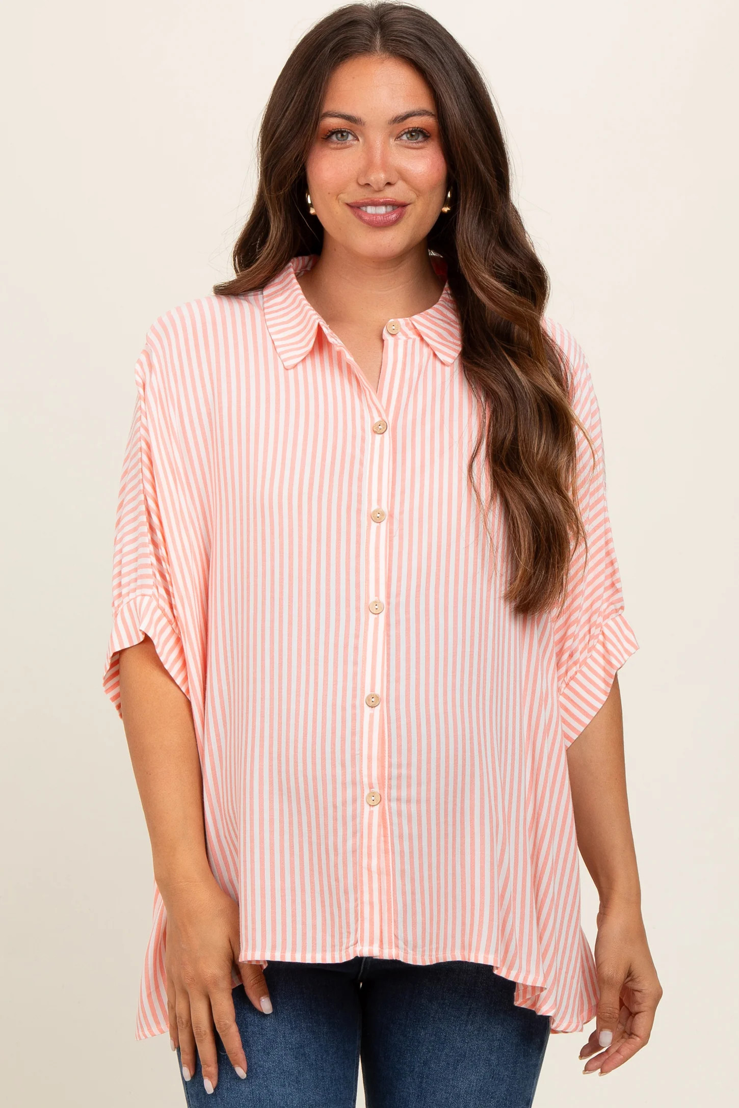 Taupe Striped Button Up Dolman Maternity Top | PinkBlush Maternity