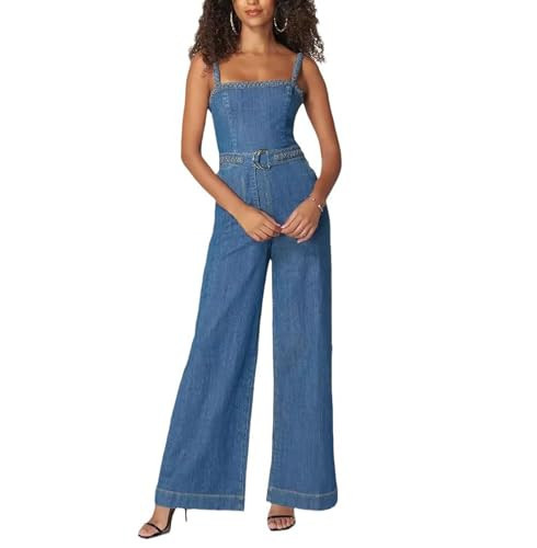 Glkaend Women's Casual Sleeveless Zip Back Denim Jumpsuit High Waist Belt Straight Leg Cami Jean Jumpsuit Rompers,Blue,XS | Amazon (US)