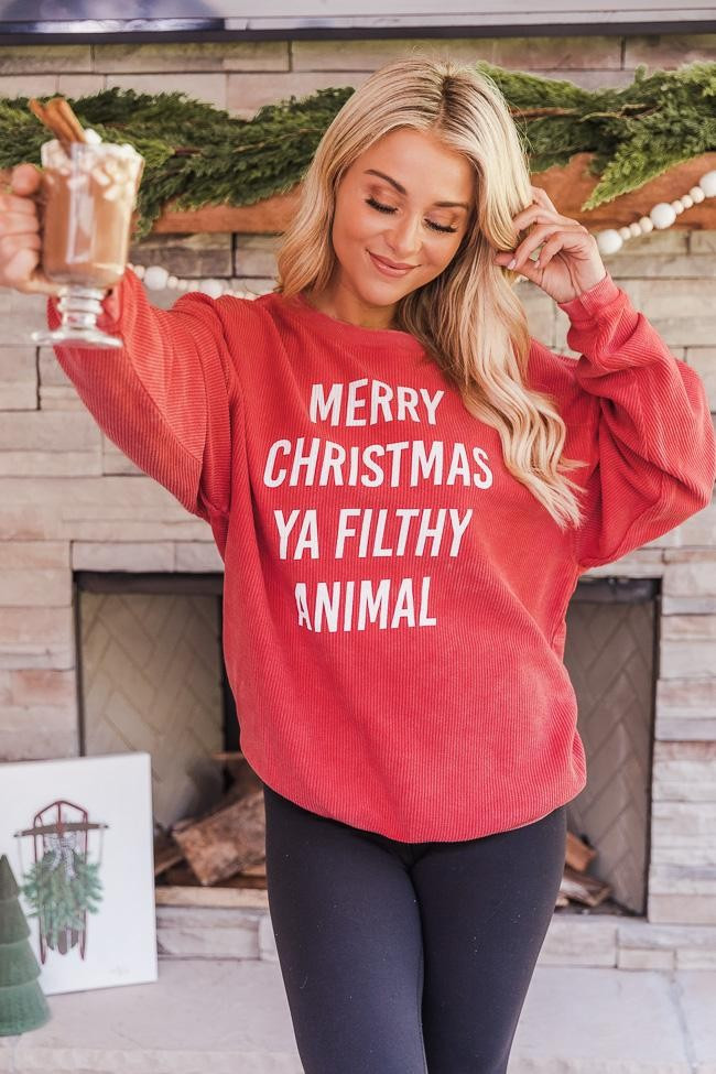 Merry Christmas Ya Filthy Animal Red Corded Graphic Sweatshirt | Pink Lily