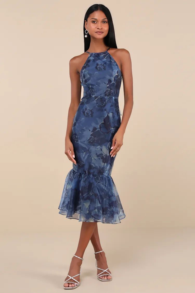 Admirable Essence Navy Blue Floral Organza Trumpet Midi Dress | Lulus