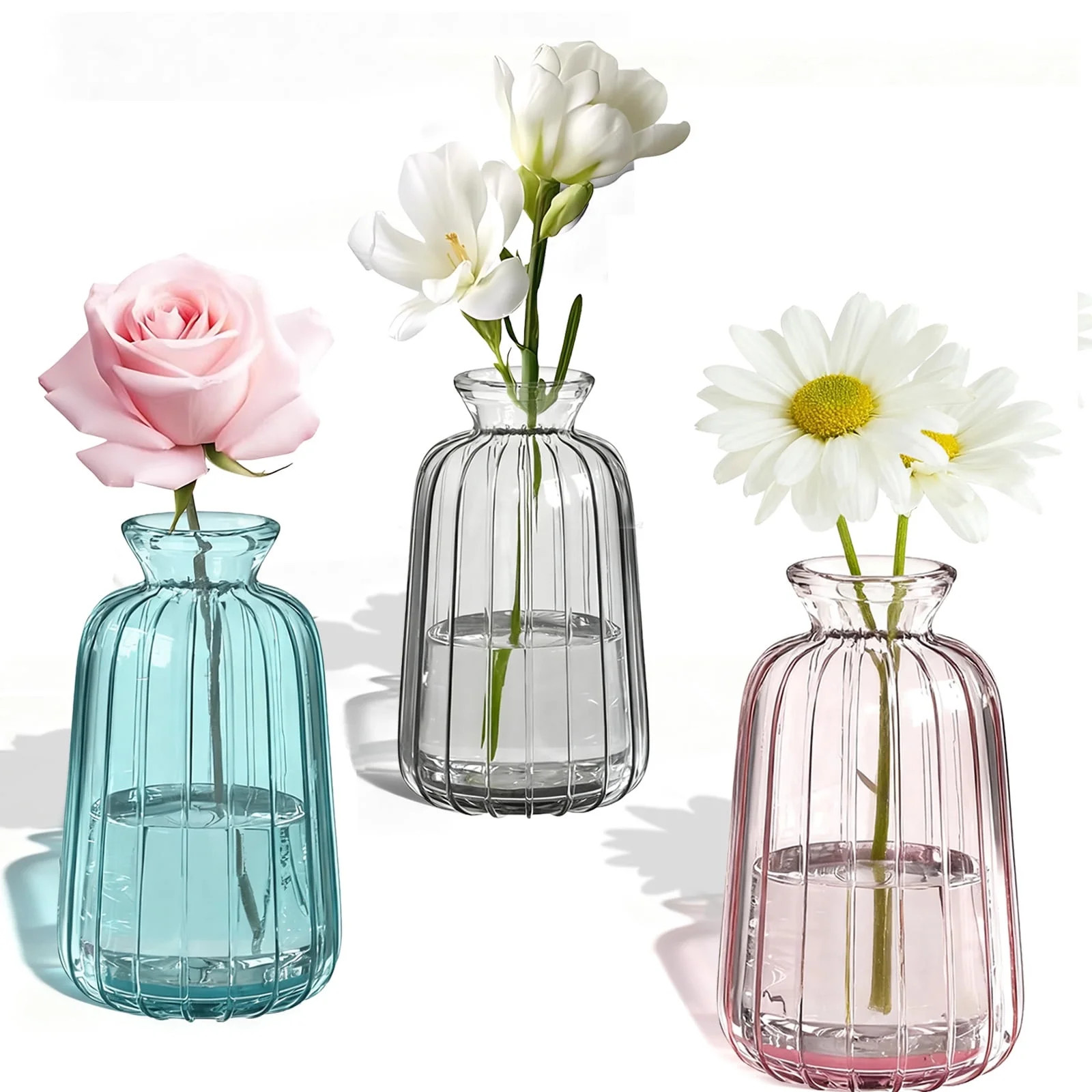 3 Pack Glass Bud Vases Set, Colorful Small Flower Vases, Vintage Mini Ribbed Vases for Rustic Wed... | Walmart (US)