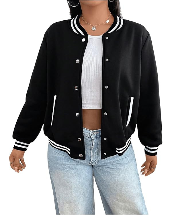 MakeMeChic Women's Plus Size Baseball Collar Button Down Long Sleeve Pocket Bomber Jacket | Amazon (US)