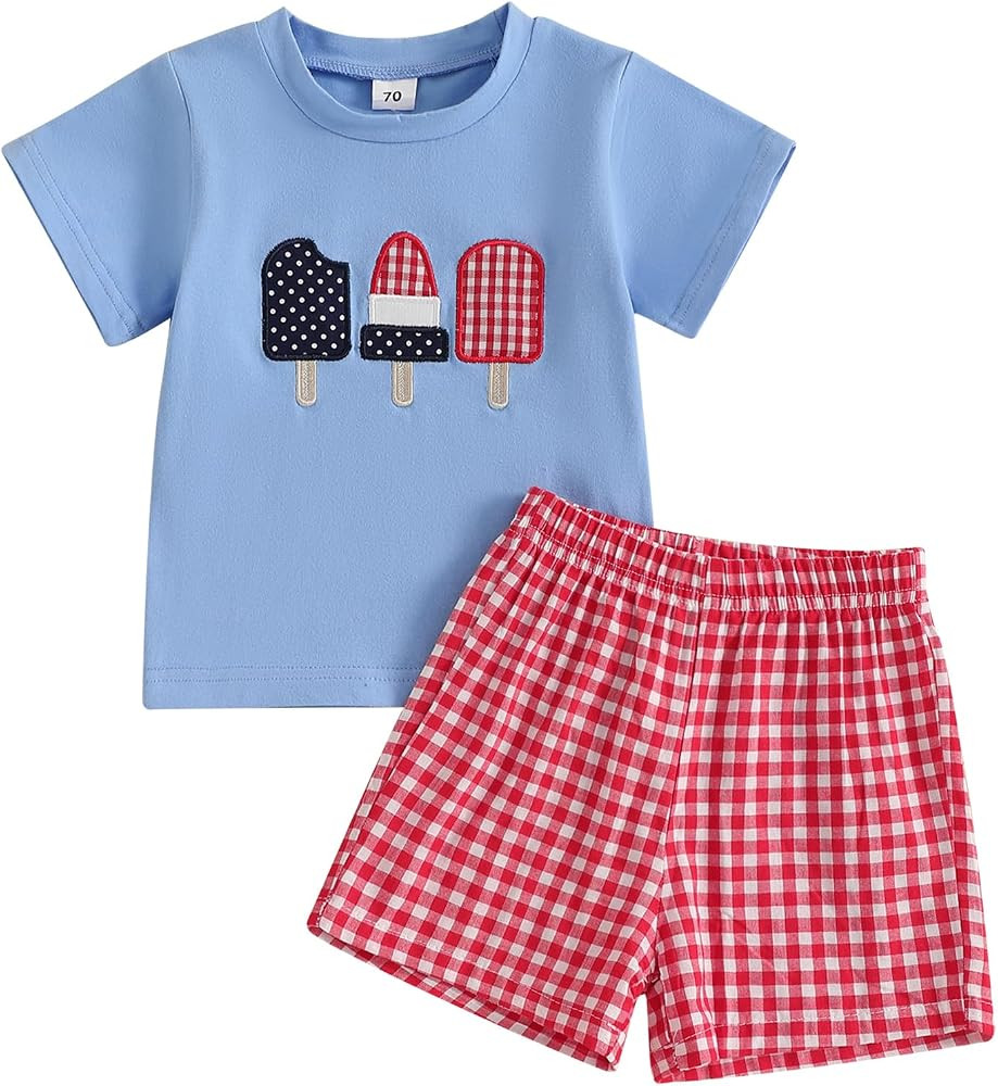 Kayotuas 4th Of July Toddler Boy Outfit Popsicle American Flag T-Shirt and Gingham Plaid Shorts S... | Amazon (US)