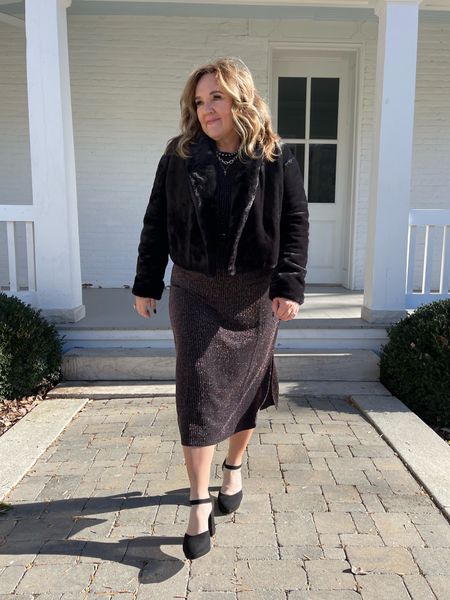 Sparkly t-shirt dress topped with faux fur? Yes please. 

Wearing a size L in the dress and jacket. 

Linking similar shoes. Mine are sold out  

#LTKHoliday #LTKunder50 #LTKwedding