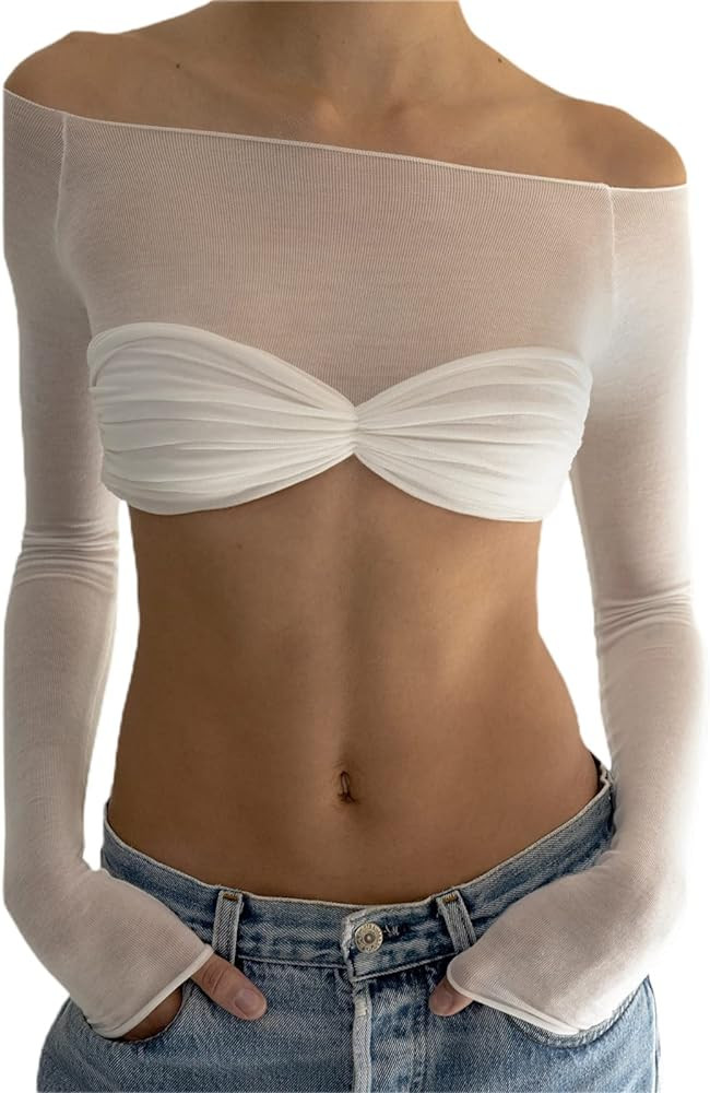 Women's Sexy Crop Top Long Sleeve Off Shoulder Going Out Tops Slim Fit Mesh Ruched Twisted Blouse... | Amazon (US)
