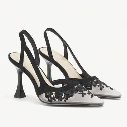 Women's Lace Flower Embroidery Mesh Pointed Toe Stiletto Heel High Heel Shoes, Elegant Vintage Classic Breathable Glamorous Romantic Black & White Con | SHEIN