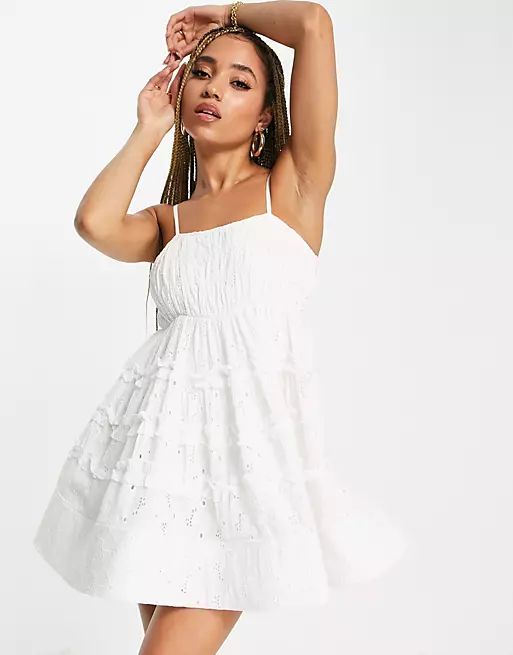 Lace & Beads exclusive empire waist structured bodysuit mini dress in white broderie | ASOS (Global)