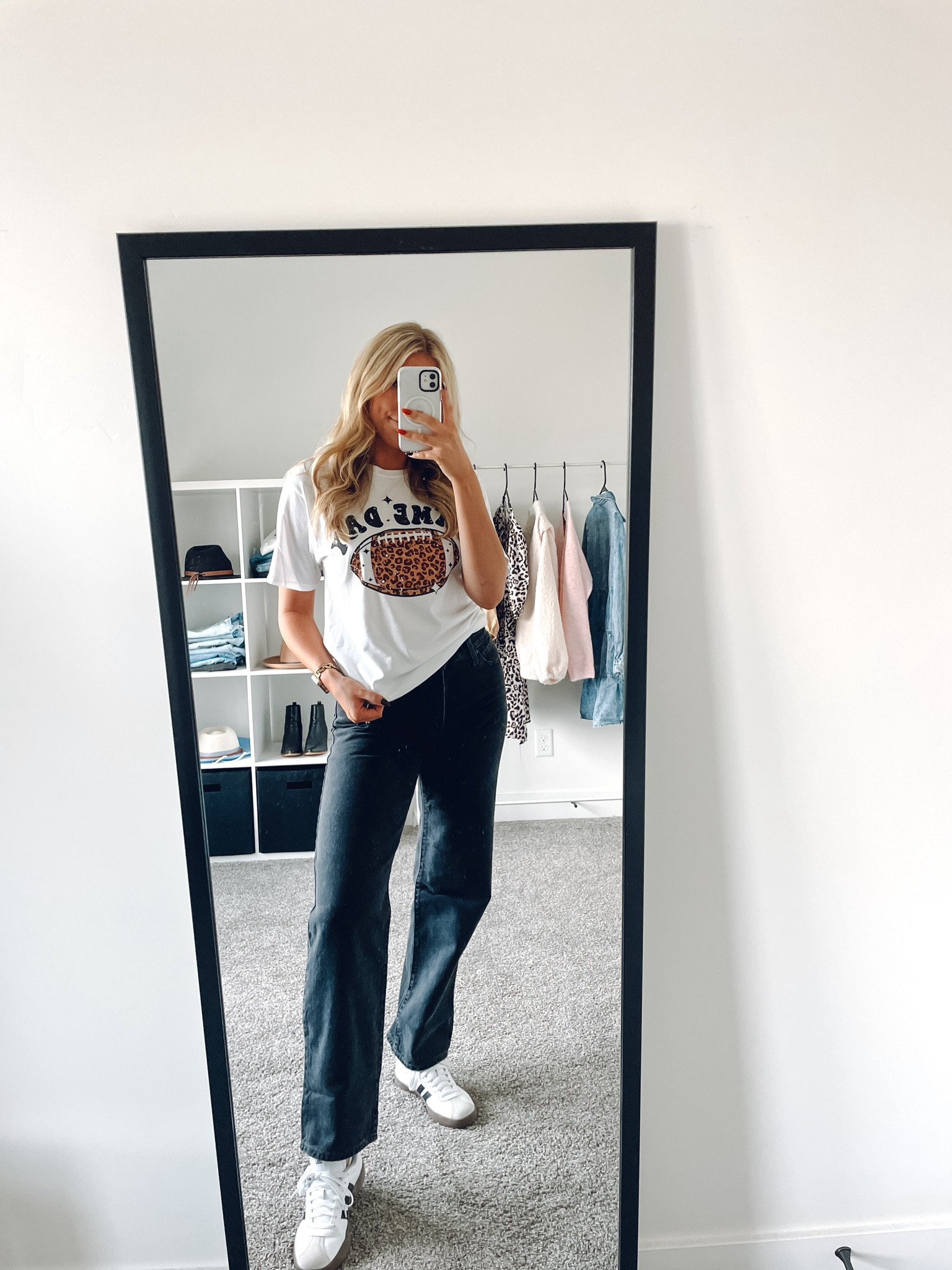 teacher outfit for casual Friday! 
Game day tee: wearing men’s S
Jeans: wearing usual size, I’m 5’6”
Adidas: true to size 

| fall fashion | fall outfits | teacher outfit 

#LTKSeasonal #LTKFindsUnder100