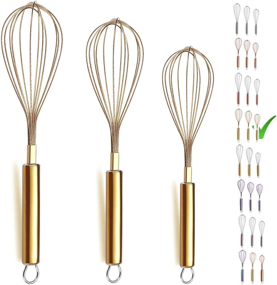 Berglander Gold Whisk Pack of 3 Stainless Steel 8",10",12", Titianium Plating Gold Whisks for Coo... | Amazon (US)