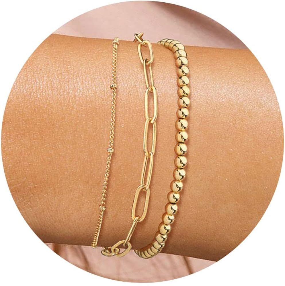 FOXGIRL Dainty Gold Bracelets for Women, 14k Gold Plated Layered Bracelets Simple Cute Gold Beade... | Amazon (US)