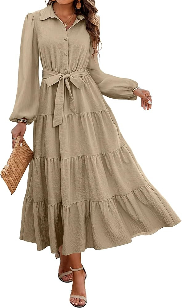 dowerme Women's Fall Dresses 2024 Long Sleeve V Neck Button Down Belted A-Line Flowy Ruffle Maxi ... | Amazon (US)