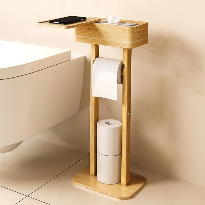 4-in-1 Toilet Paper Holder Stand with Storage Shelf Box, 360° Rotating Bamboo Free Standing Toil... | Amazon (US)